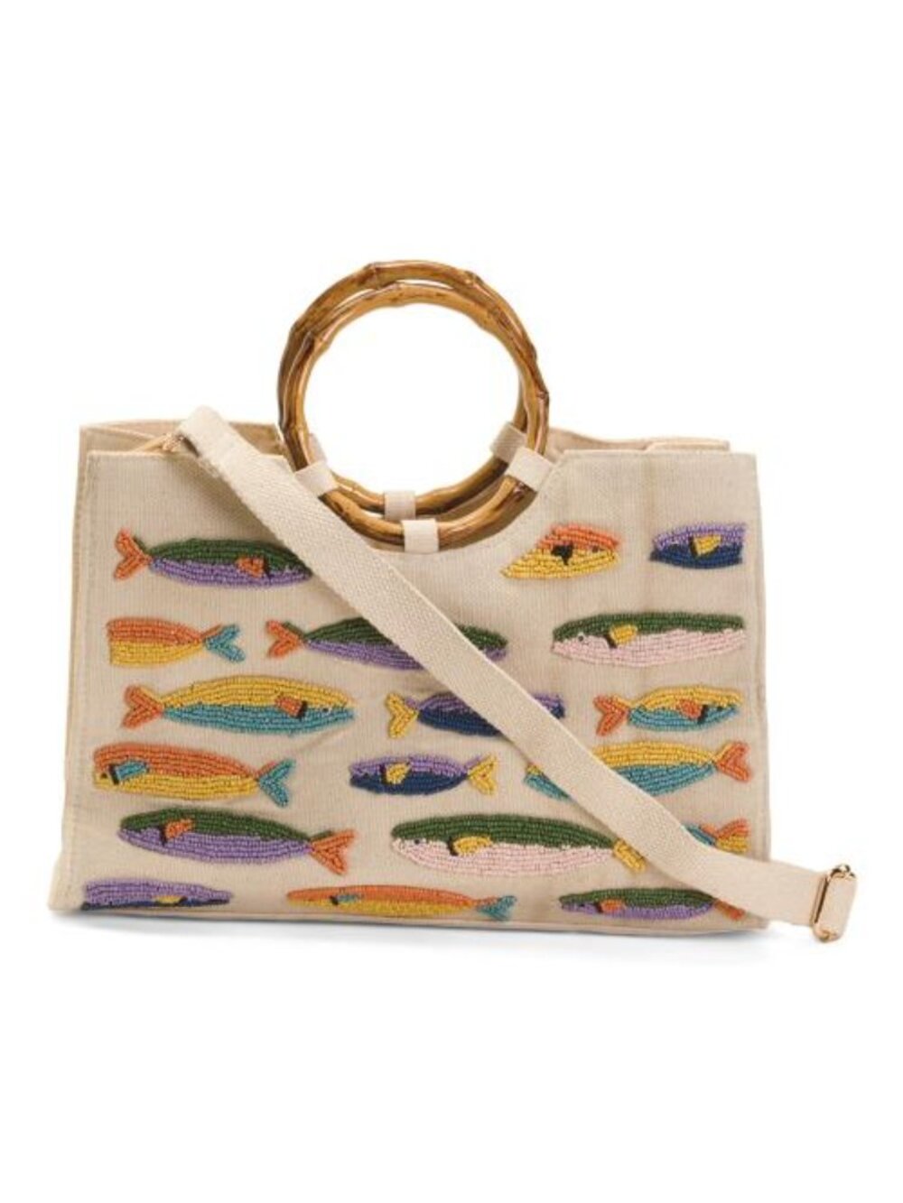 SOL AND MER Cotton Canvas Hand Beaded Handle Tote With Strap In Sardines Motif